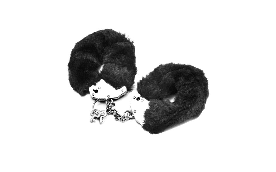 Fetish Pleasure Fluffy Fur Metal Handcuffs Black