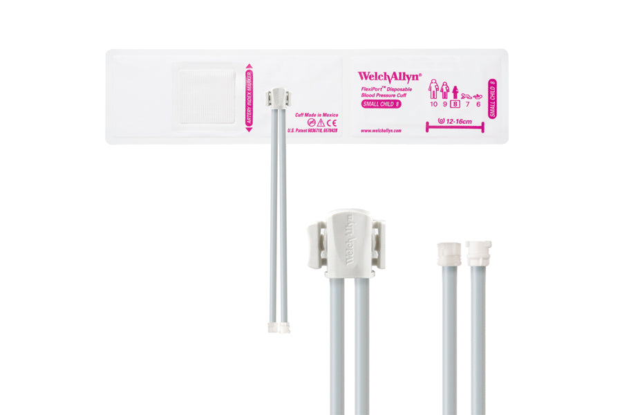 Hillrom - Welch Allyn Soft Disposable FlexiPort Cuff - Two-Tube Male Female Locking Connector (Box 20), Small Child, Size 8, 12-16 cm