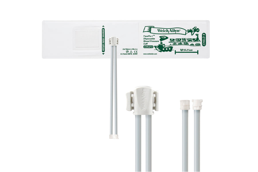 Hillrom - Welch Allyn Soft Disposable FlexiPort Cuff - Two-Tube Male Female Locking Connector (Box 20), Child, Size 9, 15-21 cm
