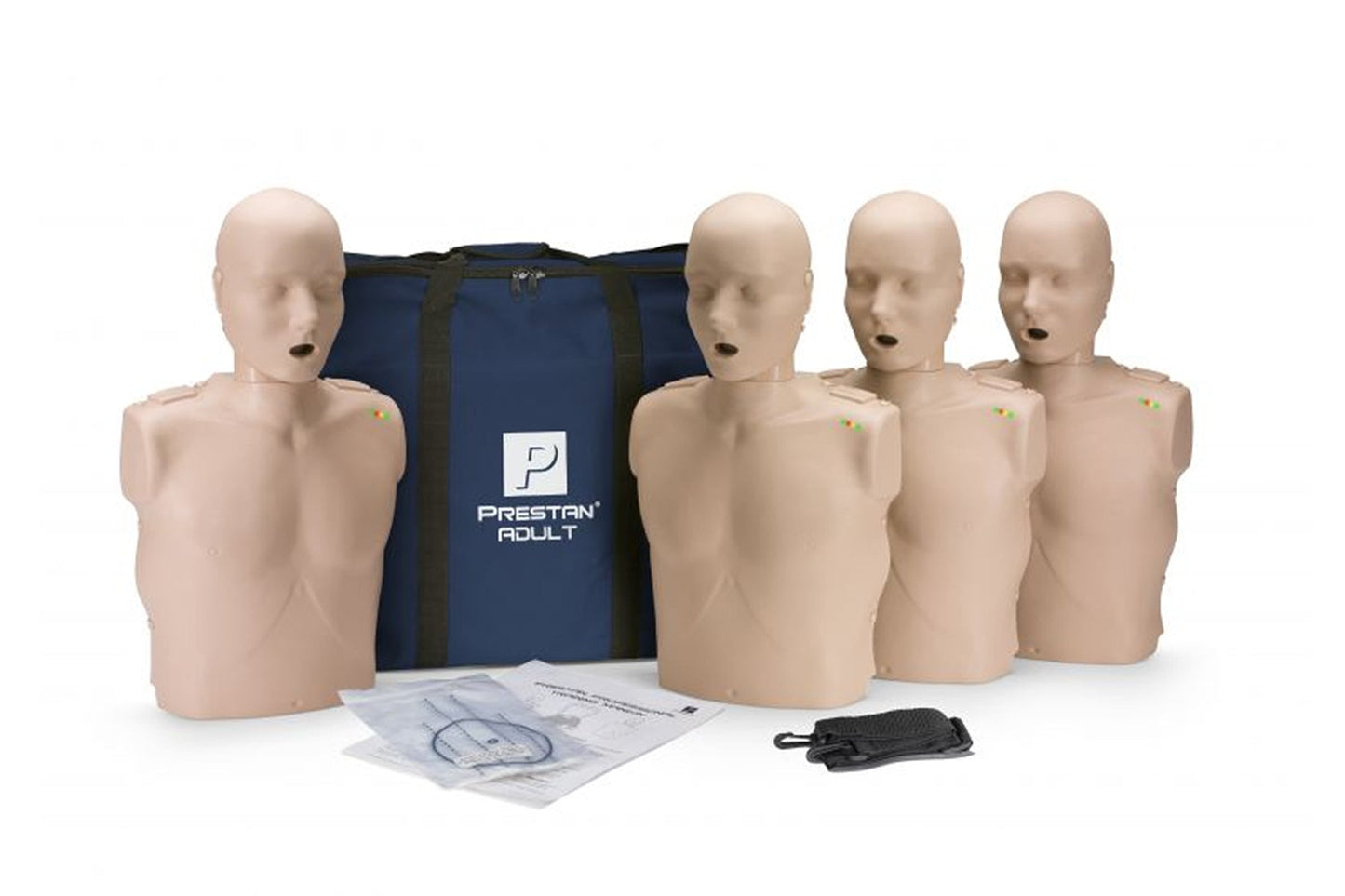 Prestan Professional Adult CPR-AED Training Manikins 4-Pack - with Blue CPR Monitor, 50 lung bags and a nylon carrying case