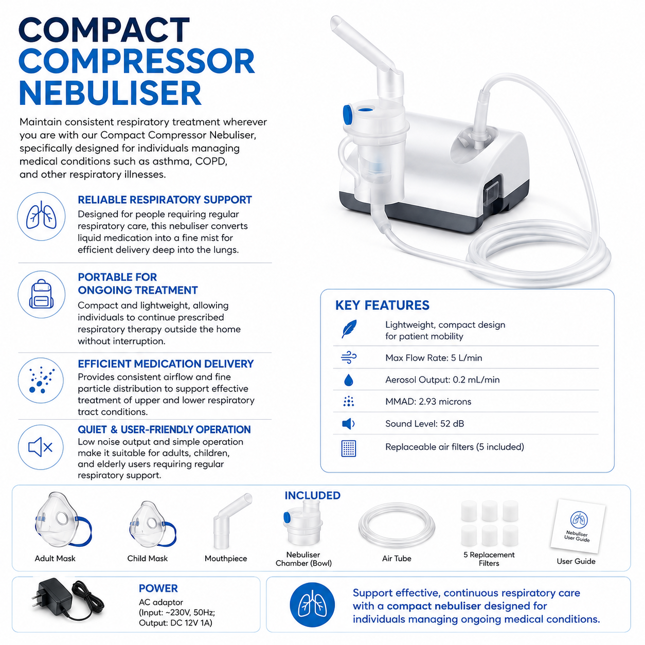 Portable Compact Compressor Nebuliser for Efficient Respiratory Relief - Lightweight & Quiet with Included Masks