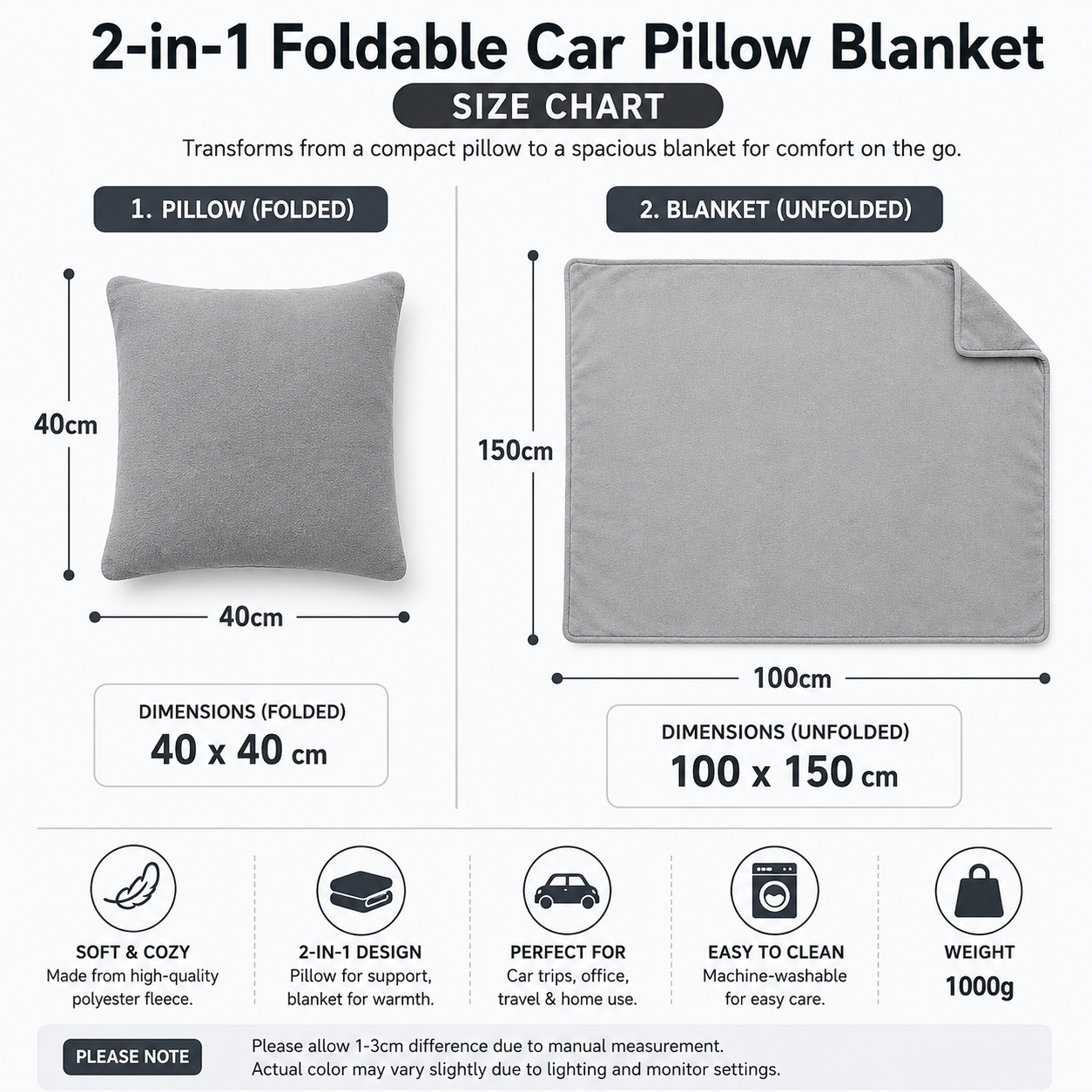 Grey Cap Bear 2-in-1 Car Pillow Blanket - Foldable Travel Cushion