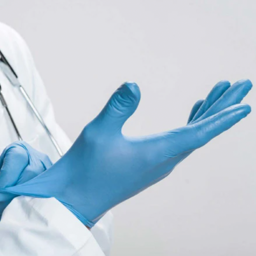 Nitrile examination gloves — powder-free, chemical resistant