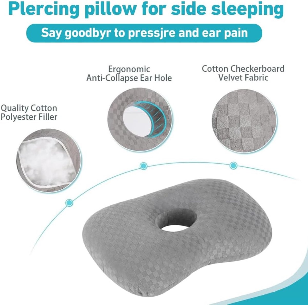 Donut Ear Pillow for Side Sleepers - Pain Relief Ring Cushion 32x44cm Grey