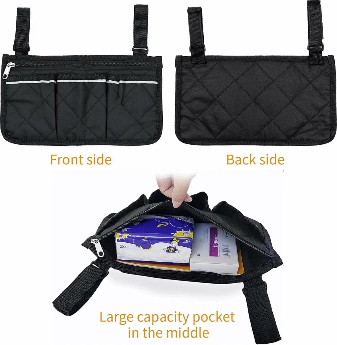 Wheelchair Armrest Bag 32.5x18cm - 4-Compartment Waterproof Universal Side Bag