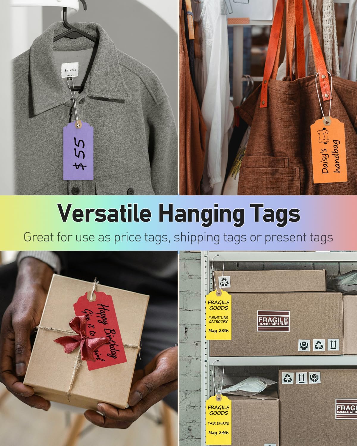 Blank Shipping Tags 72-Pack 4.7x2.375 - Rainbow Cardstock with Elastic String