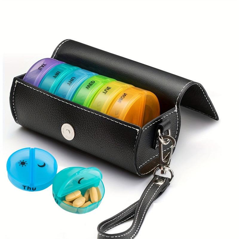 7-Day Travel Pill Organizer - Black PU Leather Pouch 14 Black Compartments AM/PM
