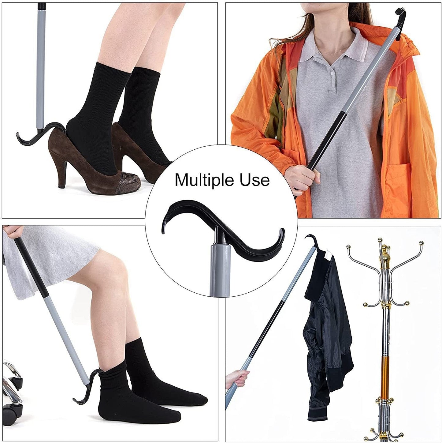 2-Pack White Dressing Aid Stick & Long-Handled Shoe Horn Adjustable 62-88cm