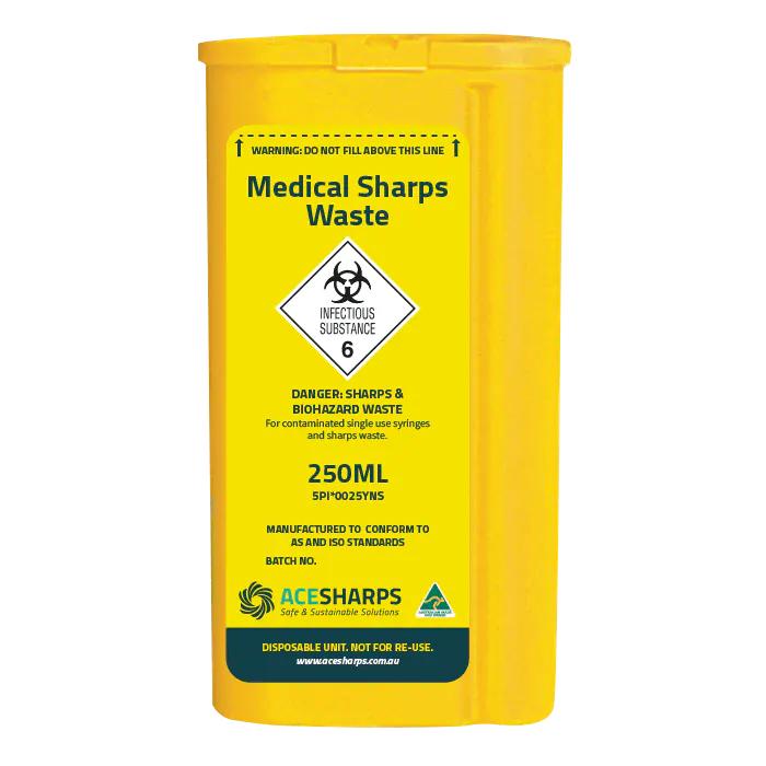 Ace Sharps Waste Container Yellow 1ml Syringe Six Pack 250ml