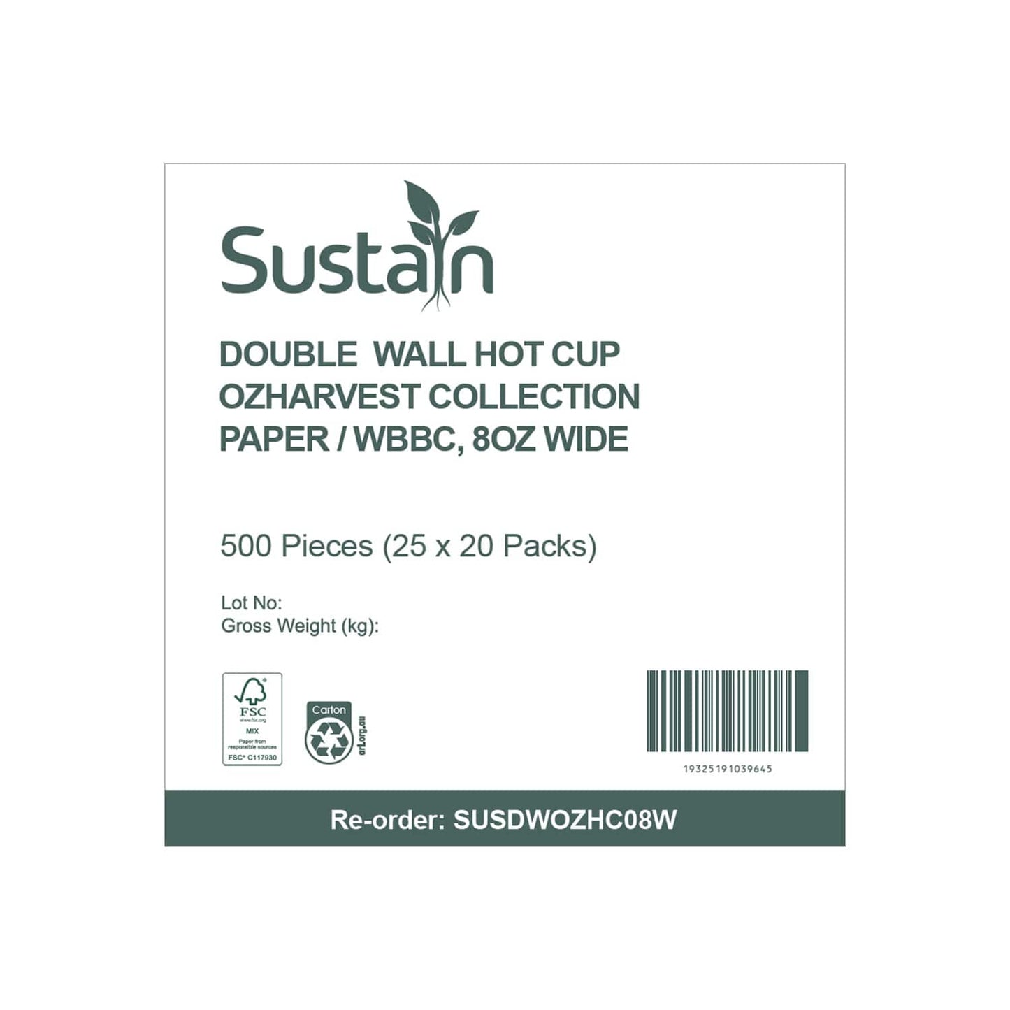 Sustain Disposable Cups Aqueous Hot Cup Double Wall 8oz Wide