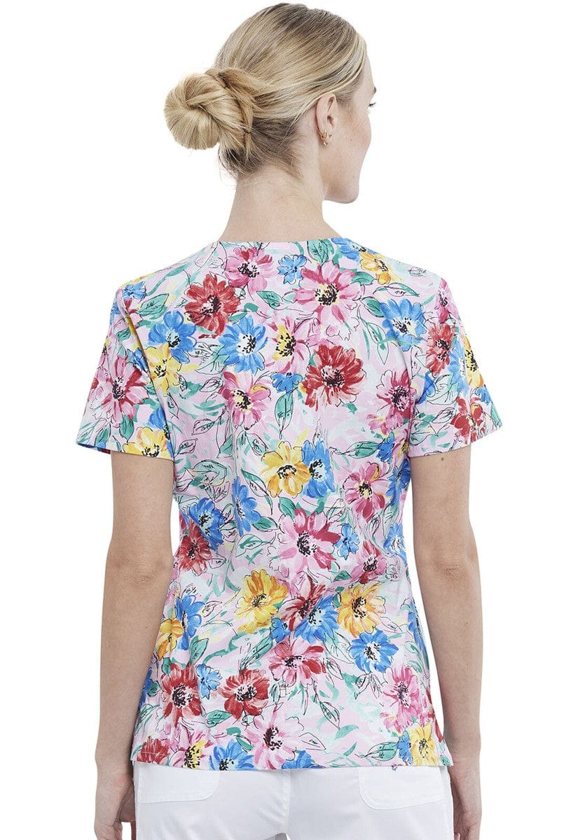 Cherokee CK614 Scrubs Mock Wrap Top Watercolor Blossoms