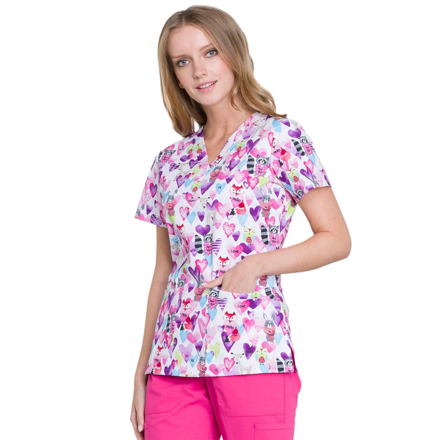 Cherokee Scrub Tops 2XL Cherokee CK616 Happy Hearts Critters Scrubs Top Women