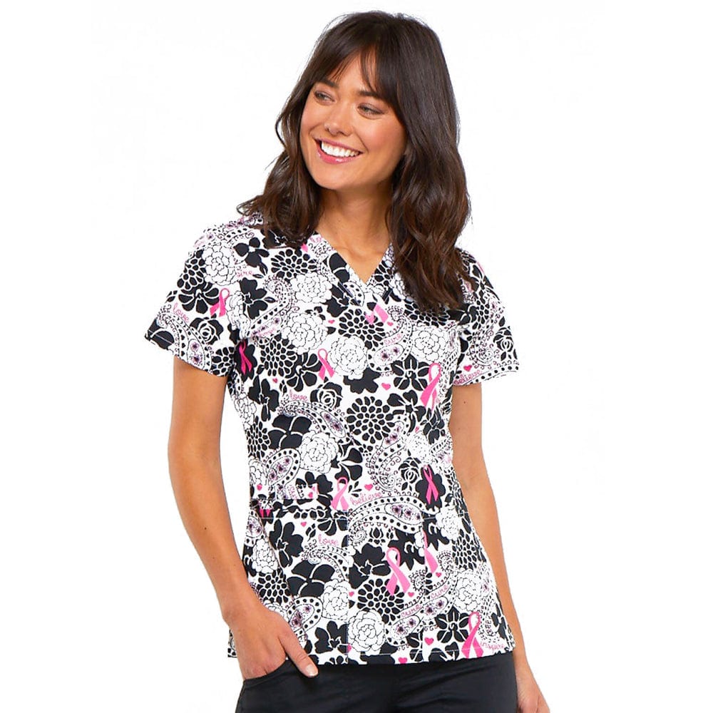 Cherokee Scrubs Top 2XL Cherokee CK616 Paisley Love Scrubs Top Breast Cancer Awareness