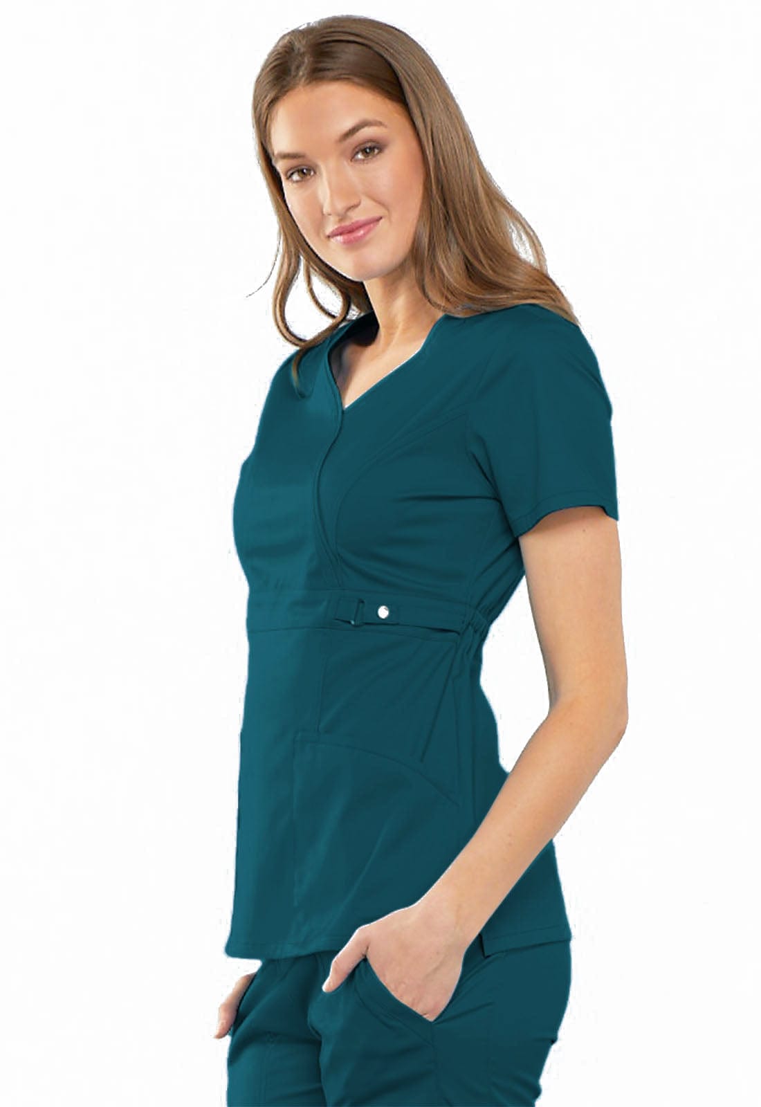 Cherokee Scrubs Top 2XL Cherokee Luxe 21701 Scrubs Top Womens Empire Waist Mock Wrap Caribbean Blue