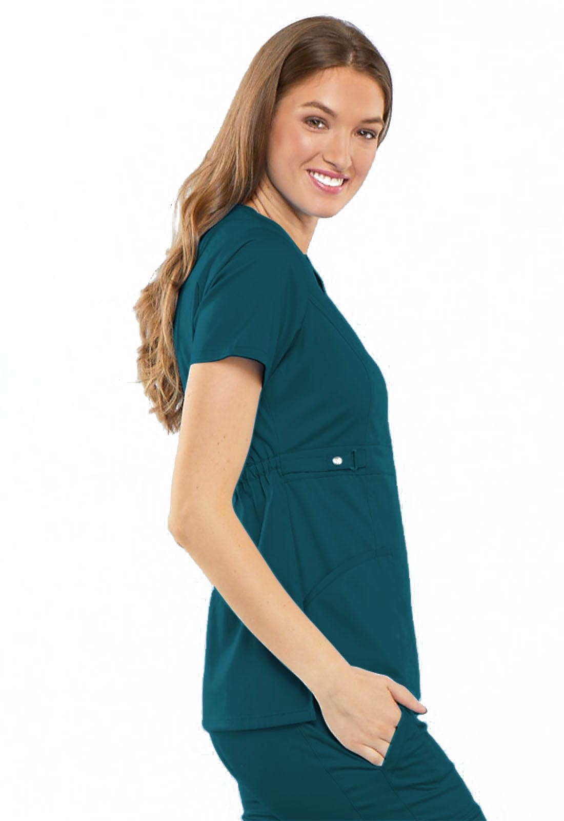 Cherokee Scrubs Top 2XL Cherokee Luxe 21701 Scrubs Top Womens Empire Waist Mock Wrap Caribbean Blue