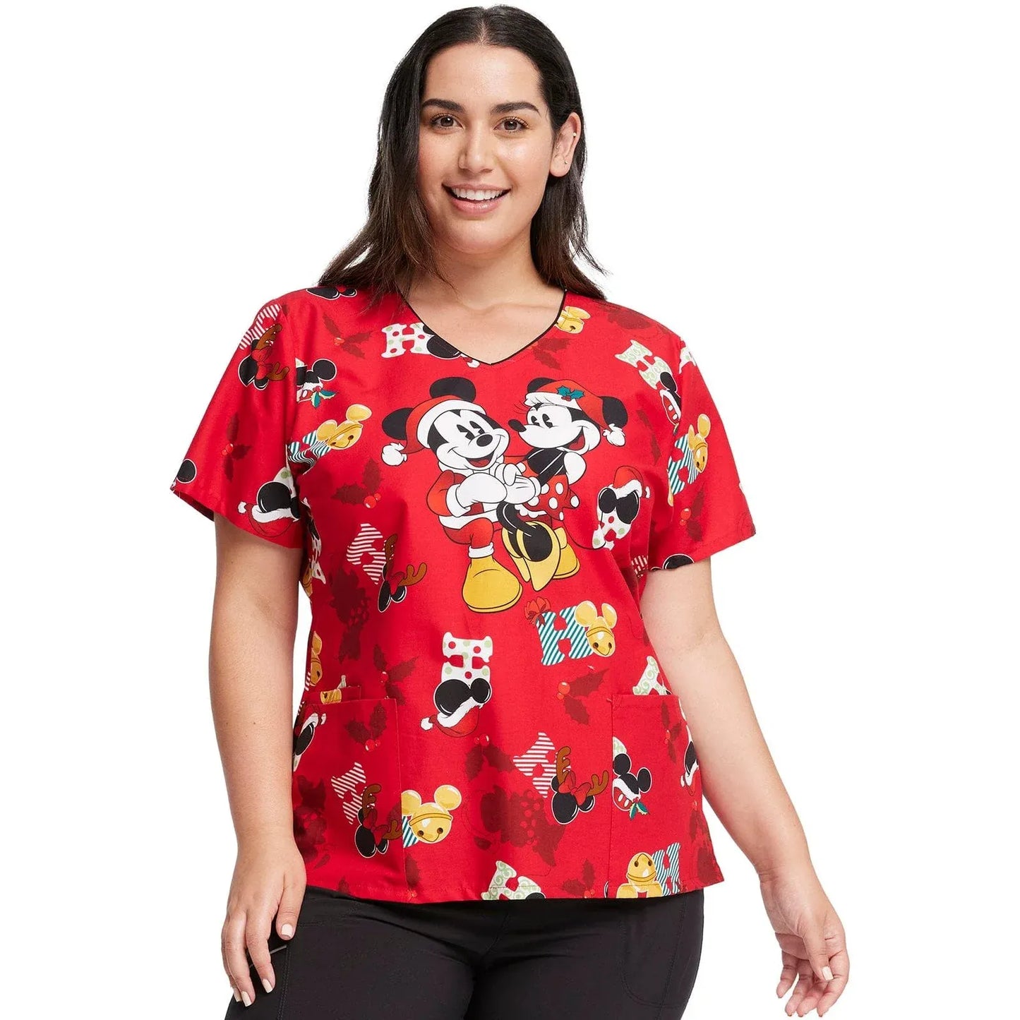 Cherokee Scrubs Top 2XL Cherokee V-Neck Print Top in Mickey Holiday Cheer