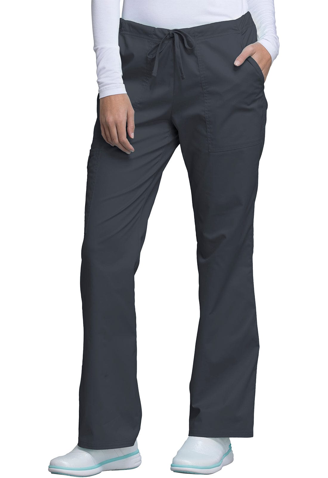 Cherokee Scrubs Pants Cherokee Workwear Core Stretch 4044 Scrubs Pants Womens Mid Rise Drawstring Cargo Pewter
