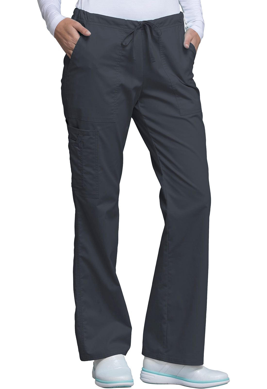 Cherokee Scrubs Pants Cherokee Workwear Core Stretch 4044 Scrubs Pants Womens Mid Rise Drawstring Cargo Pewter