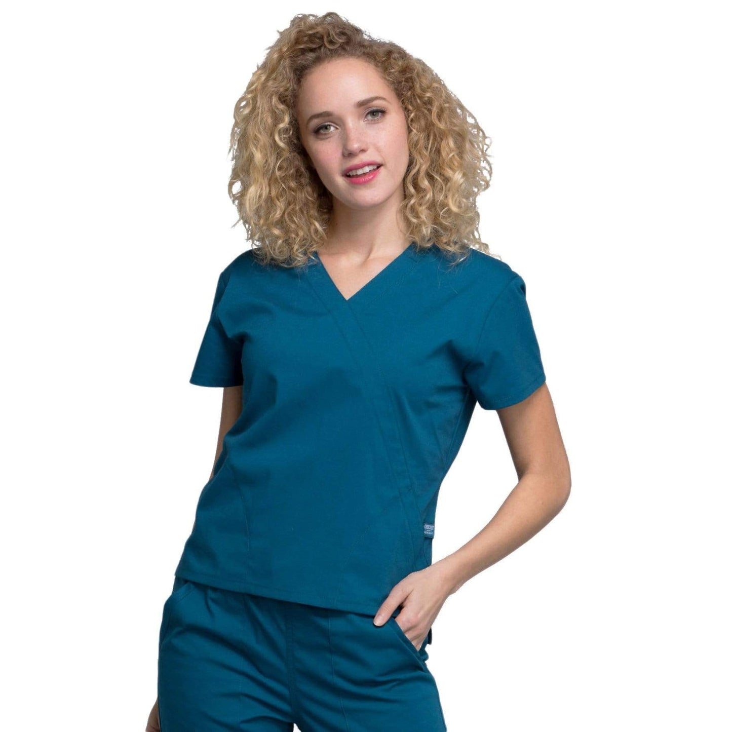 Cherokee Scrubs Top Cherokee Workwear Professionals WW705 Scrubs Top Women's Mock Wrap Caribbean Blue