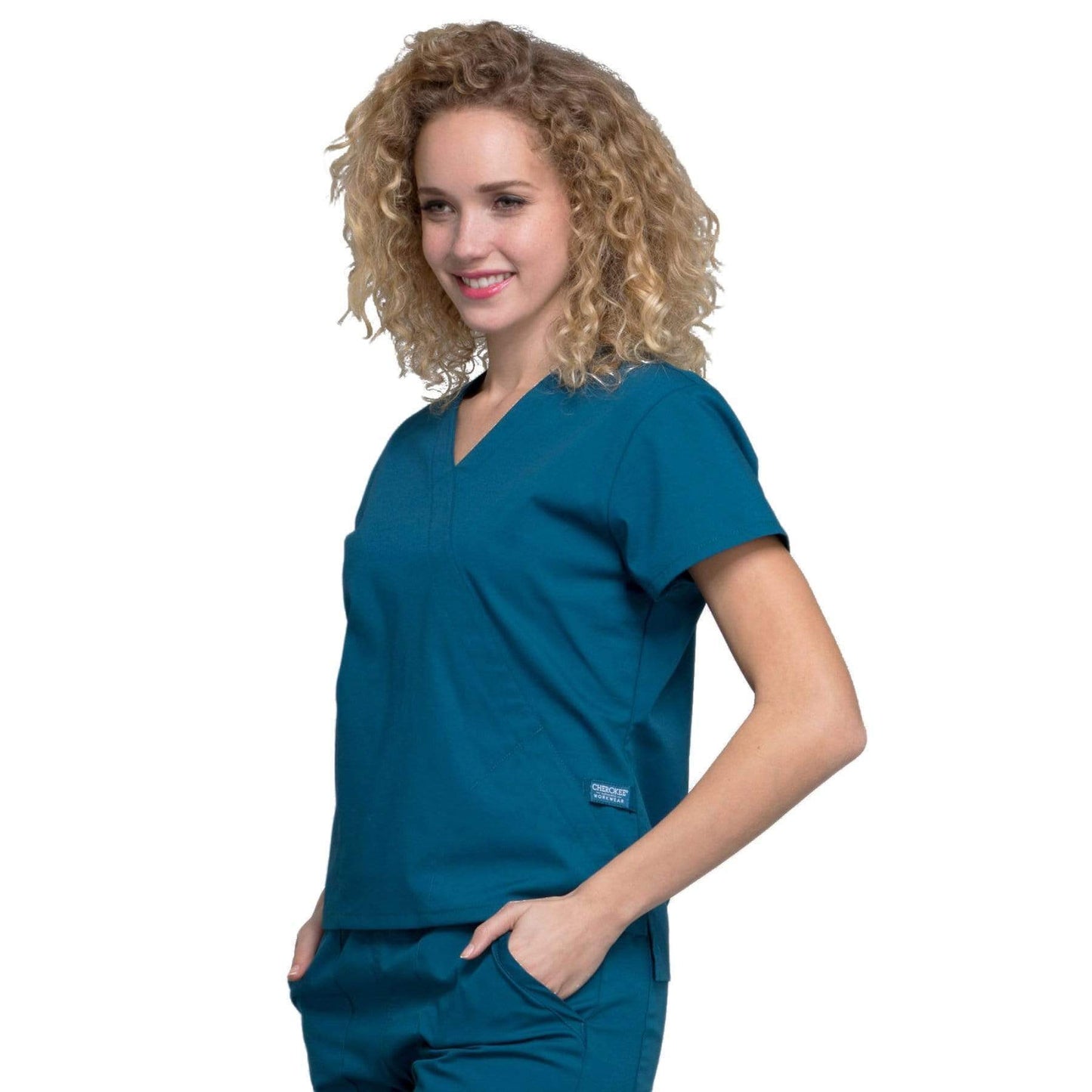 Cherokee Scrubs Top Cherokee Workwear Professionals WW705 Scrubs Top Women's Mock Wrap Caribbean Blue