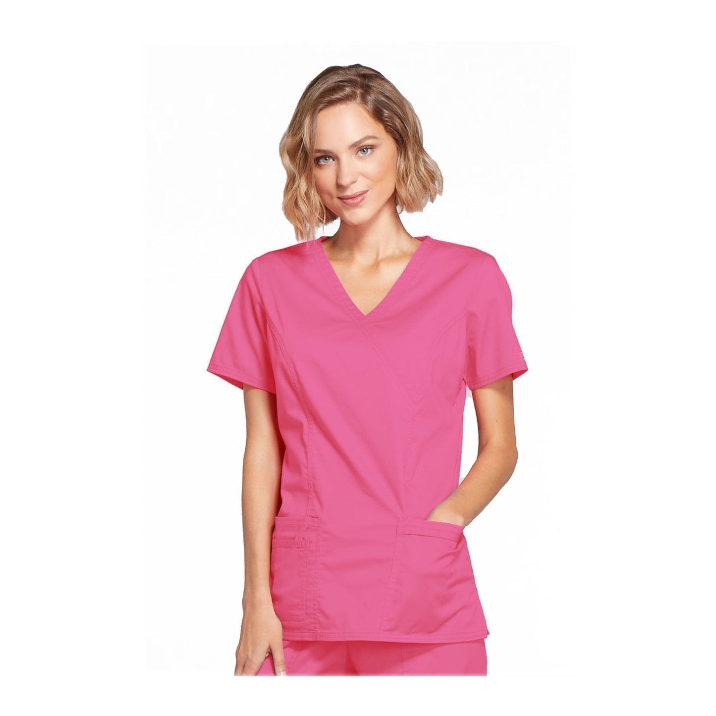 Cherokee Top S Cherokee Workwear Top WW Core Stretch Mock Wrap Top Shocking Pink