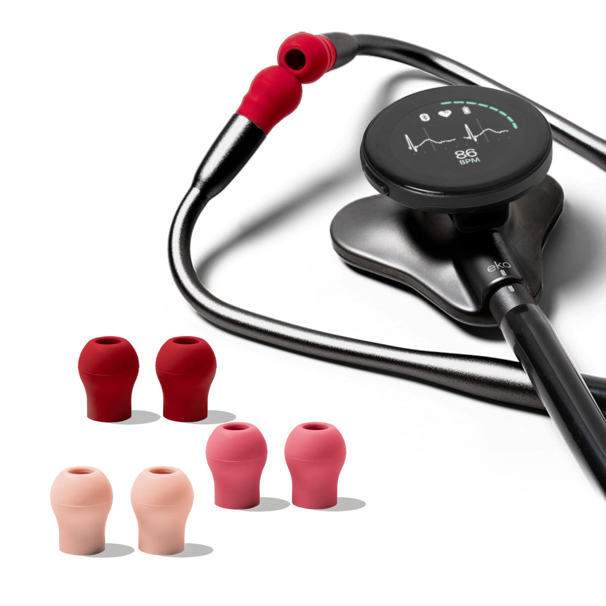 Eko CORE 500 Ear Tips – Desert Collection fitted to a black Eko CORE 500 Digital Stethoscope
