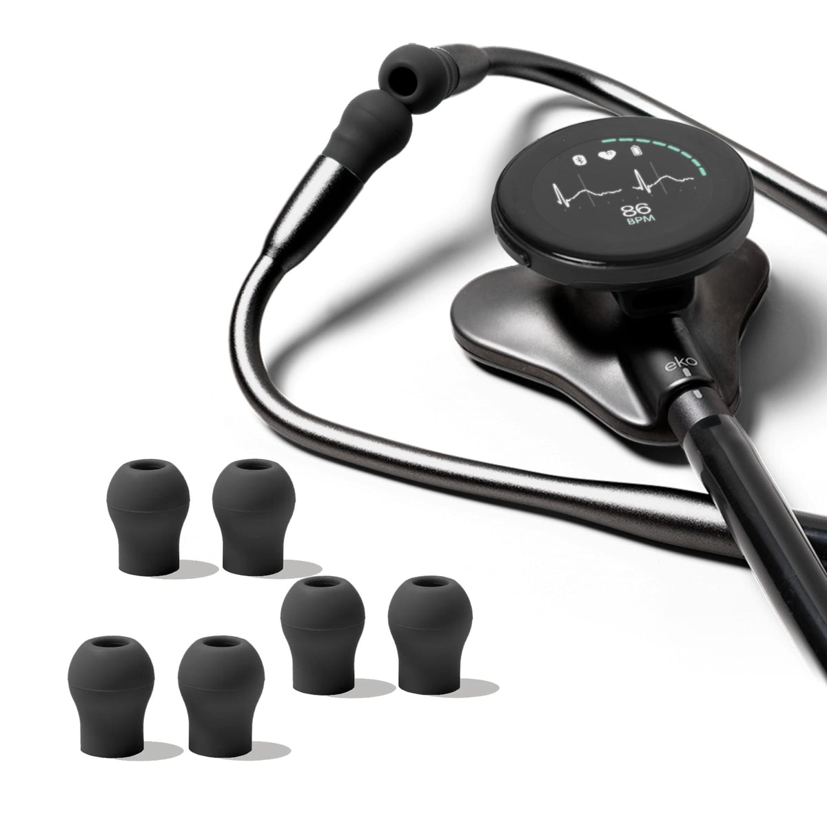 Eko CORE 500 Ear Tips – Nightfall Collection fitted to a black Eko CORE 500 Digital Stethoscope