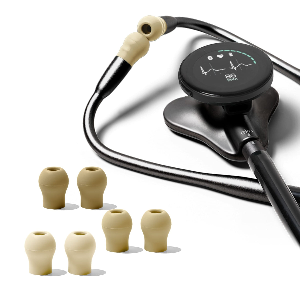 Eko CORE 500 Ear Tips – Sierra Collection fitted to a black Eko CORE 500 Digital Stethoscope