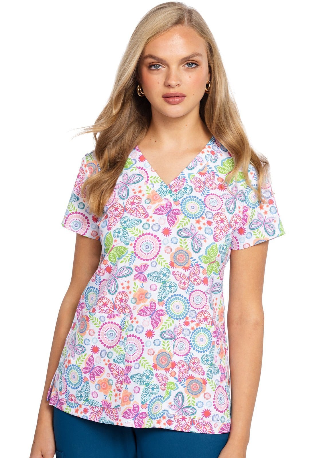 M Couture V-Neck Scrub Top Boho Butterflies Missy Fit 1