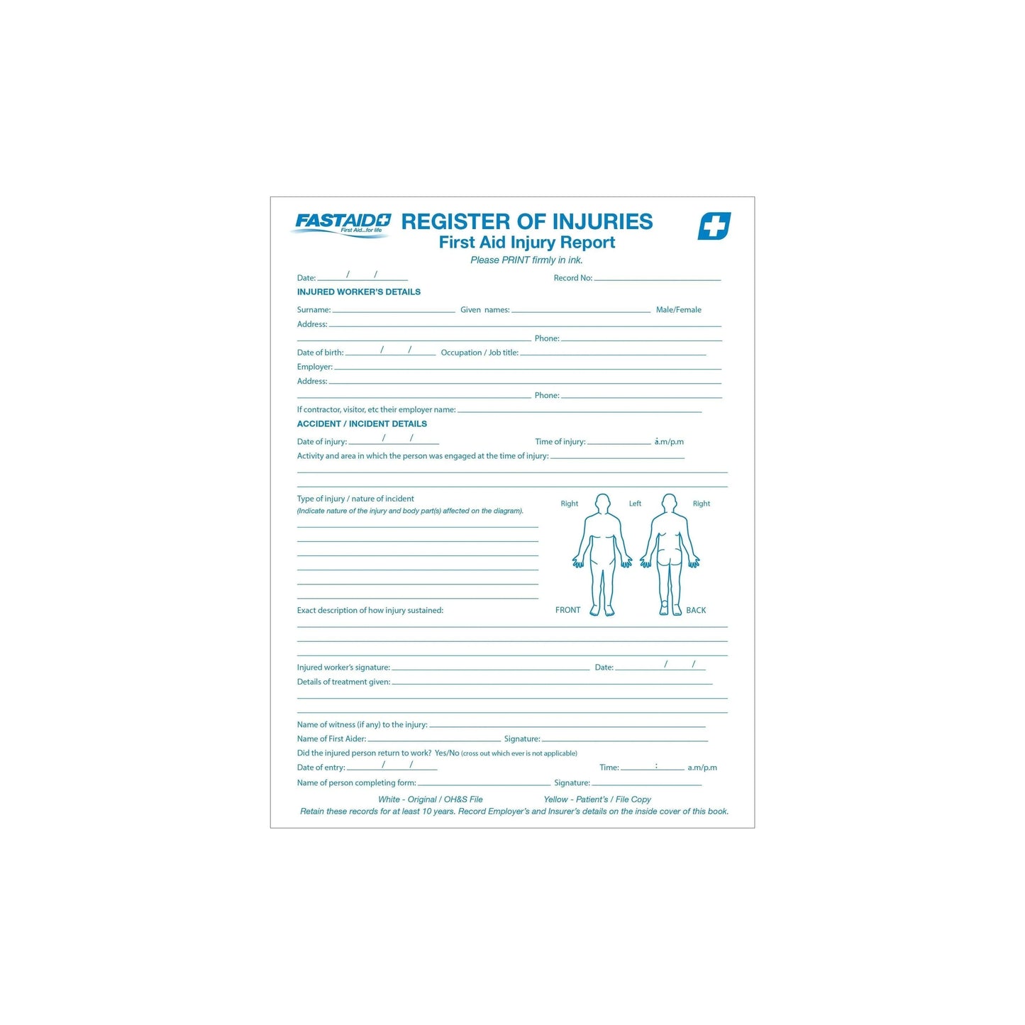 FastAid First Aid Consumables Register of Injuries Book