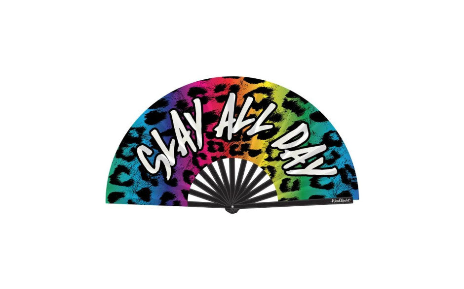 Slay All Day Rainbow Leopard Print Folding Hand Fan Large