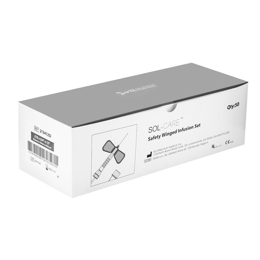 Sol-Millennium Infusion Sets Sol-Care Safety Winged Infusion Set, 22G, 30 cm Tubing