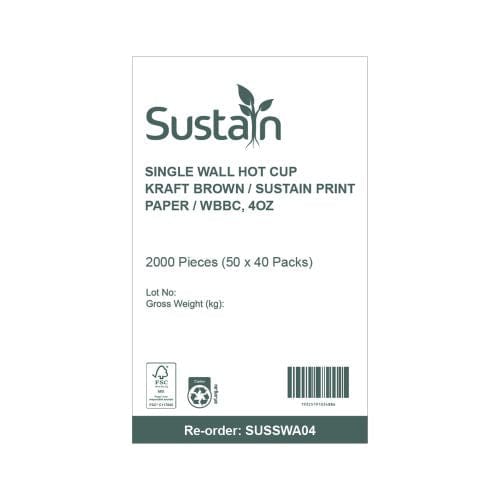 Sustain Disposable Food Packaging Carton of 2000 Sustain Hot Cup Single Wall Aqueous Kraft 4oz