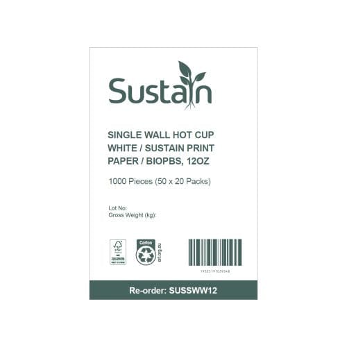 Sustain Disposable Food Packaging Carton of 1000 Sustain Hot Cup Single Wall Paper/BioPBS White 12oz