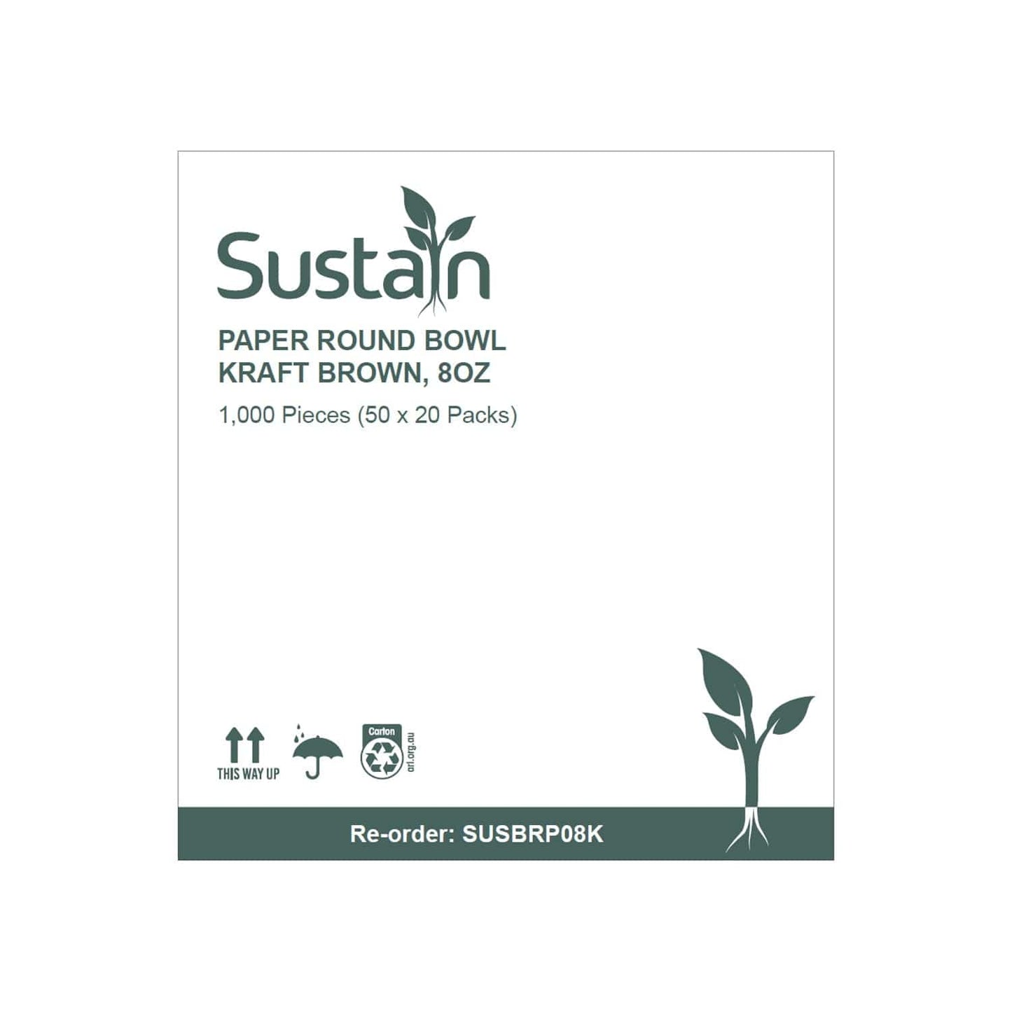 Sustain Disposable Food Packaging Carton of 1000 Sustain Paper Round Bowl/Container Kraft Brown 8oz 90mm