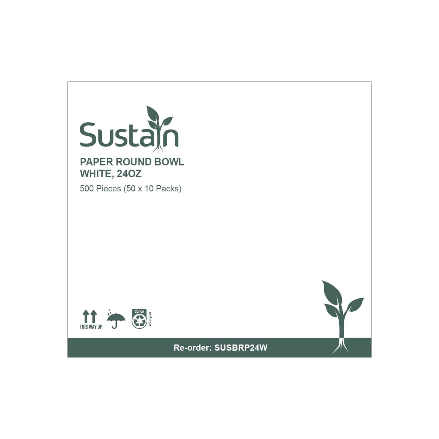 Sustain Disposable Food Packaging Carton of 500 Sustain Paper Round Bowl/Container White 24oz 115mm
