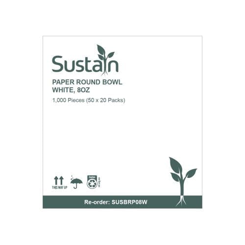 Sustain Disposable Food Packaging Carton of 1000 Sustain Paper Round Bowl/Container White 8Oz 90mm