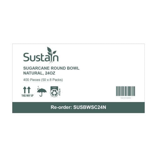 Sustain Disposable Food Packaging Carton of 400 Sustain Sugarcane Bowl Round Natural 24oz Salad/Noodle