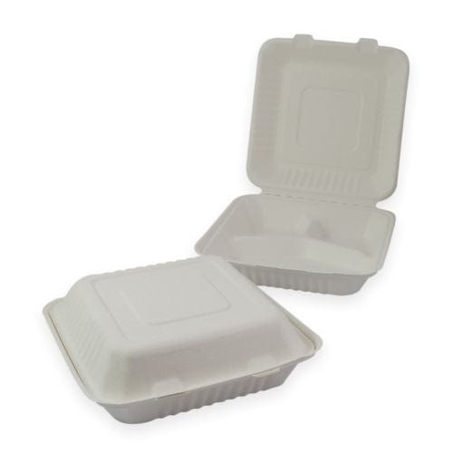 Sustain Disposable Food Packaging Carton of 200 Sustain Sugarcane Clamshell 3 Compartment White 9 x9 inch