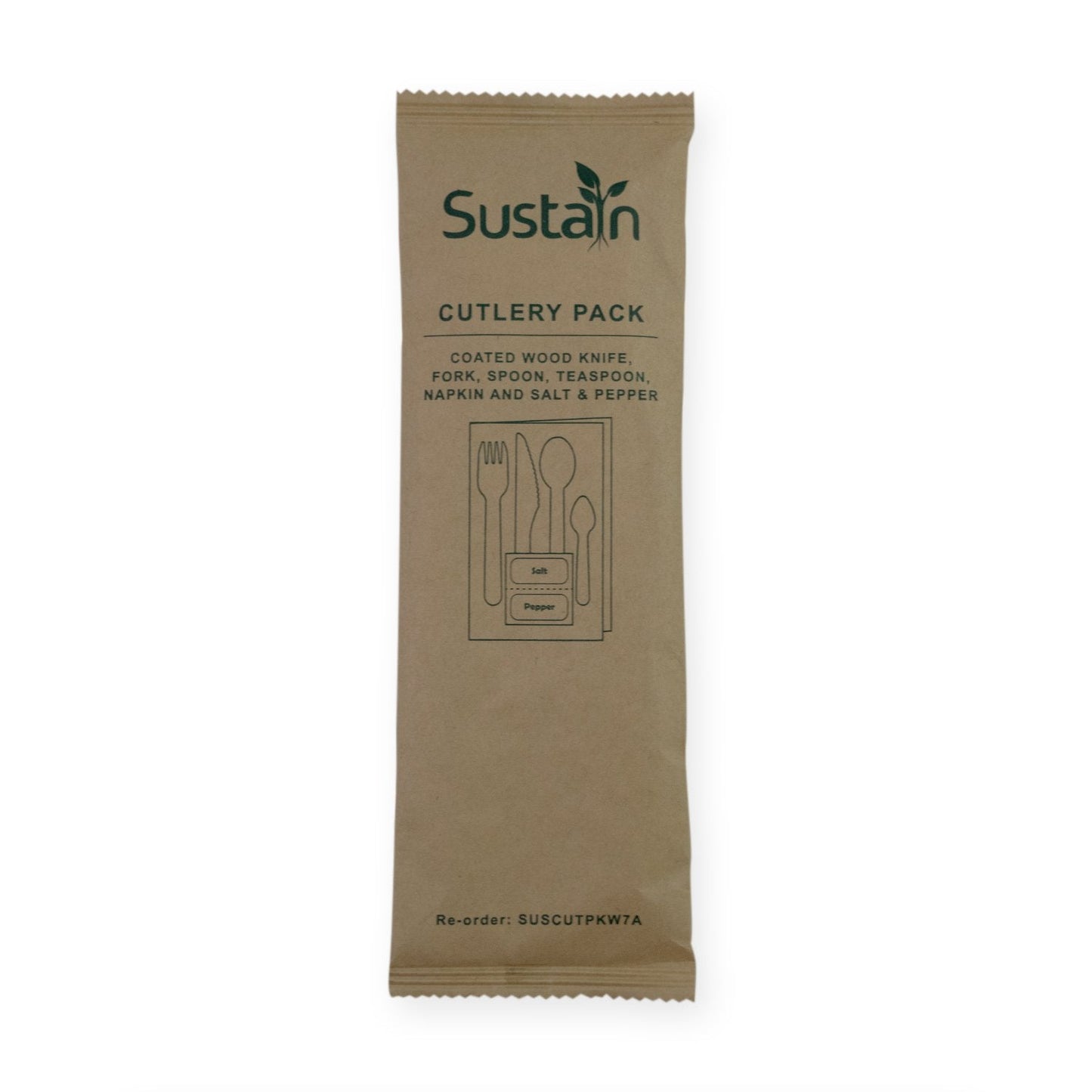 Sustain Bags & Takeaway Natural Sustain Woodern Cutlery Pack with Fork, Knife, Spoon, Teaspoon, Napkin, Salt, Pepper