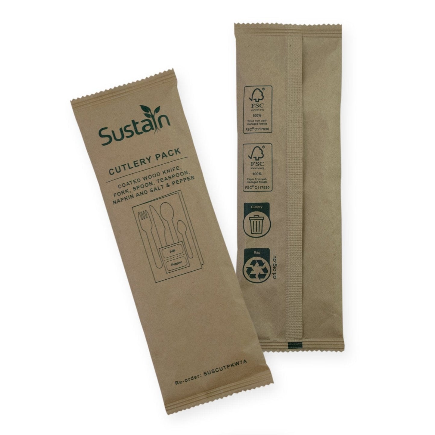 Sustain Bags & Takeaway Natural Sustain Woodern Cutlery Pack with Fork, Knife, Spoon, Teaspoon, Napkin, Salt, Pepper
