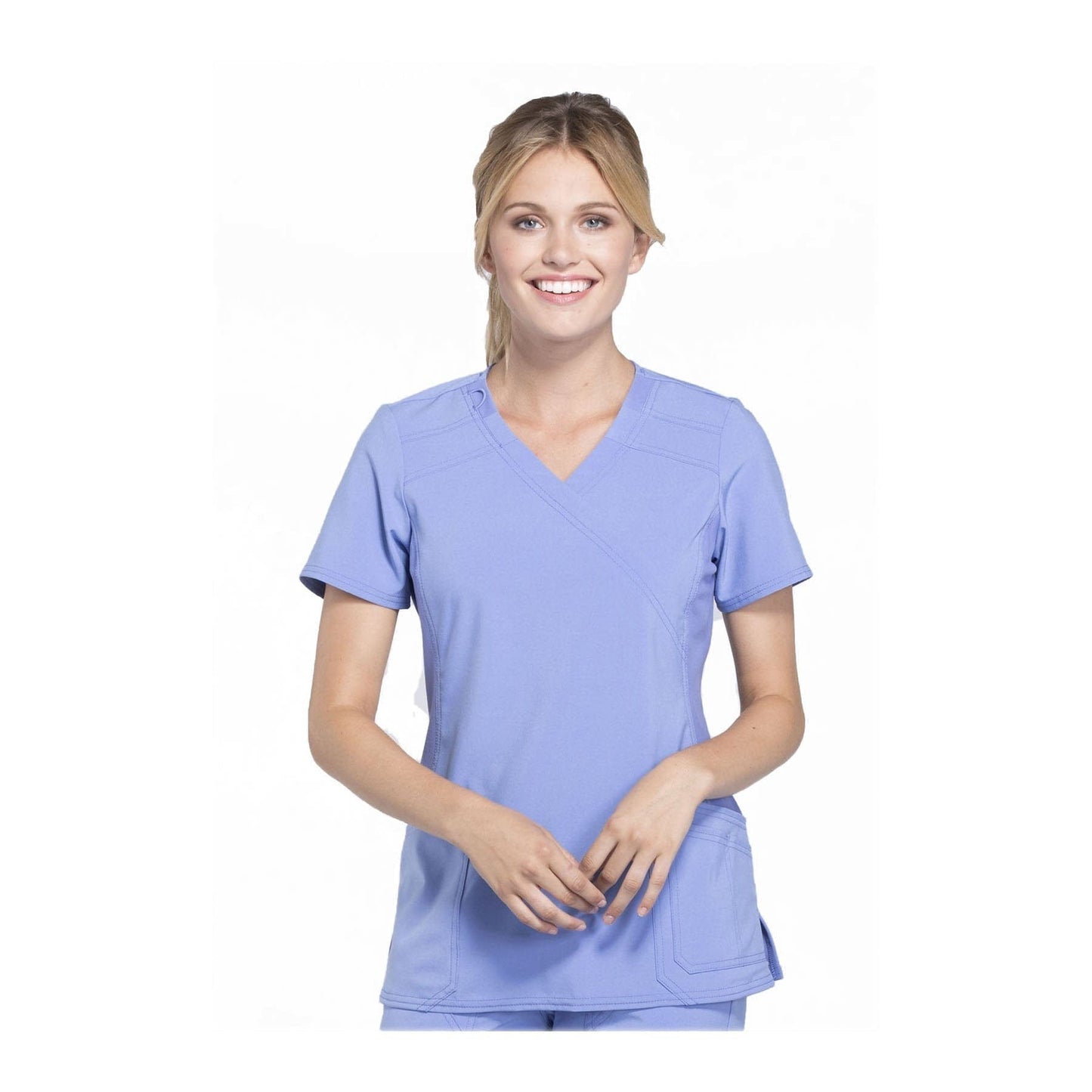 Cherokee Top M Cherokee iflex CK680 Scrubs Top Womens Mock Wrap Knit Panel Ciel Blue
