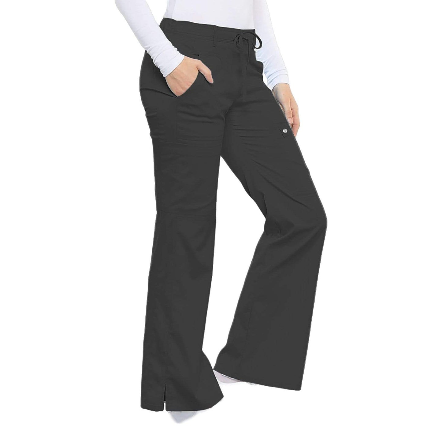 Cherokee Scrubs Pants L / Regular Length Cherokee Luxe 21100 Scrubs Pants Womens Low Rise Flare Leg Drawstring Cargo Pewter