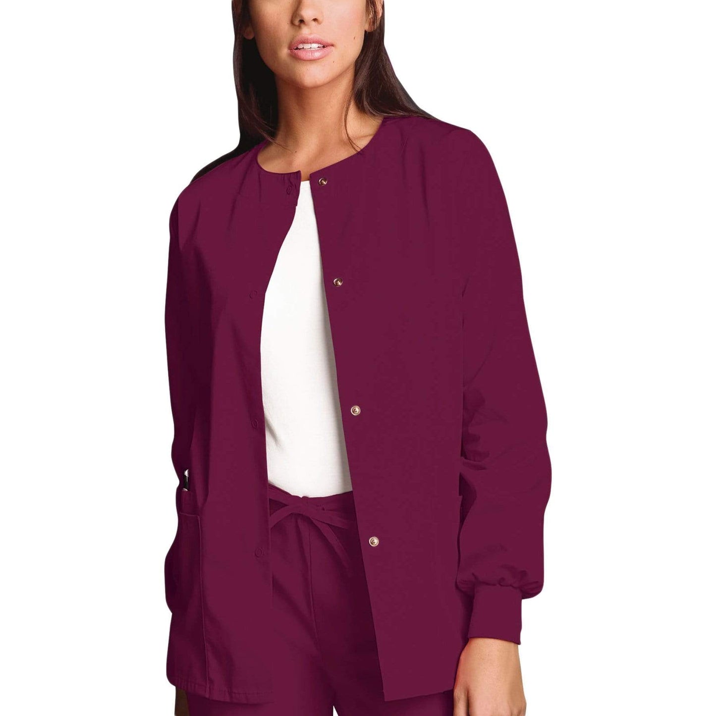 Cherokee Scrubs Jacket 2XL Cherokee Workwear 4350 Scrubs Jacket Womens Snap Front Warm-Up Wine
