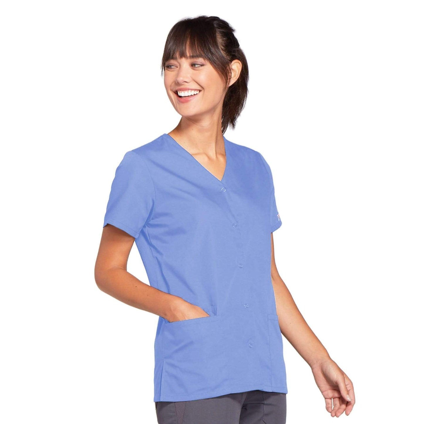 Cherokee Scrubs Top Cherokee Workwear 4770 Scrubs Top Womens Snap Front V-Neck Ceil Blue