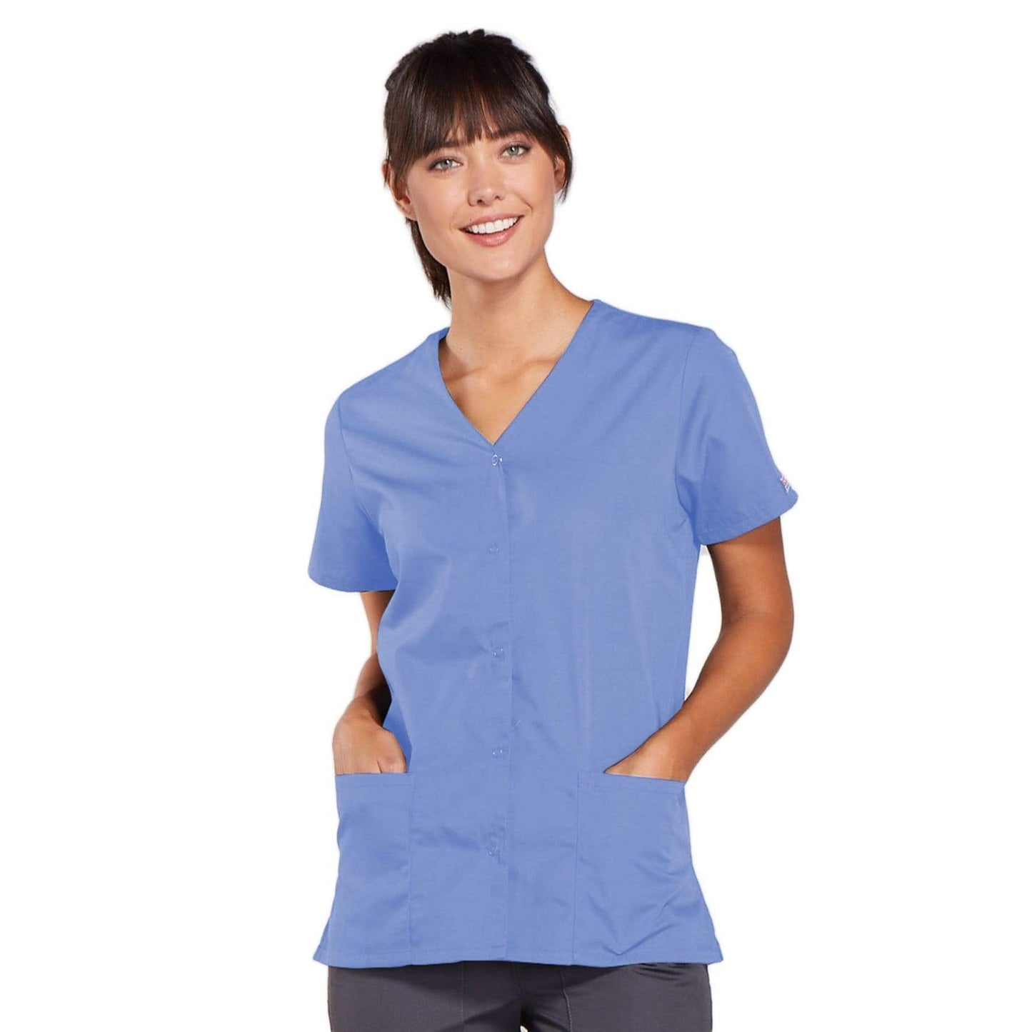 Cherokee Scrubs Top 2XL Cherokee Workwear 4770 Scrubs Top Womens Snap Front V-Neck Ceil Blue