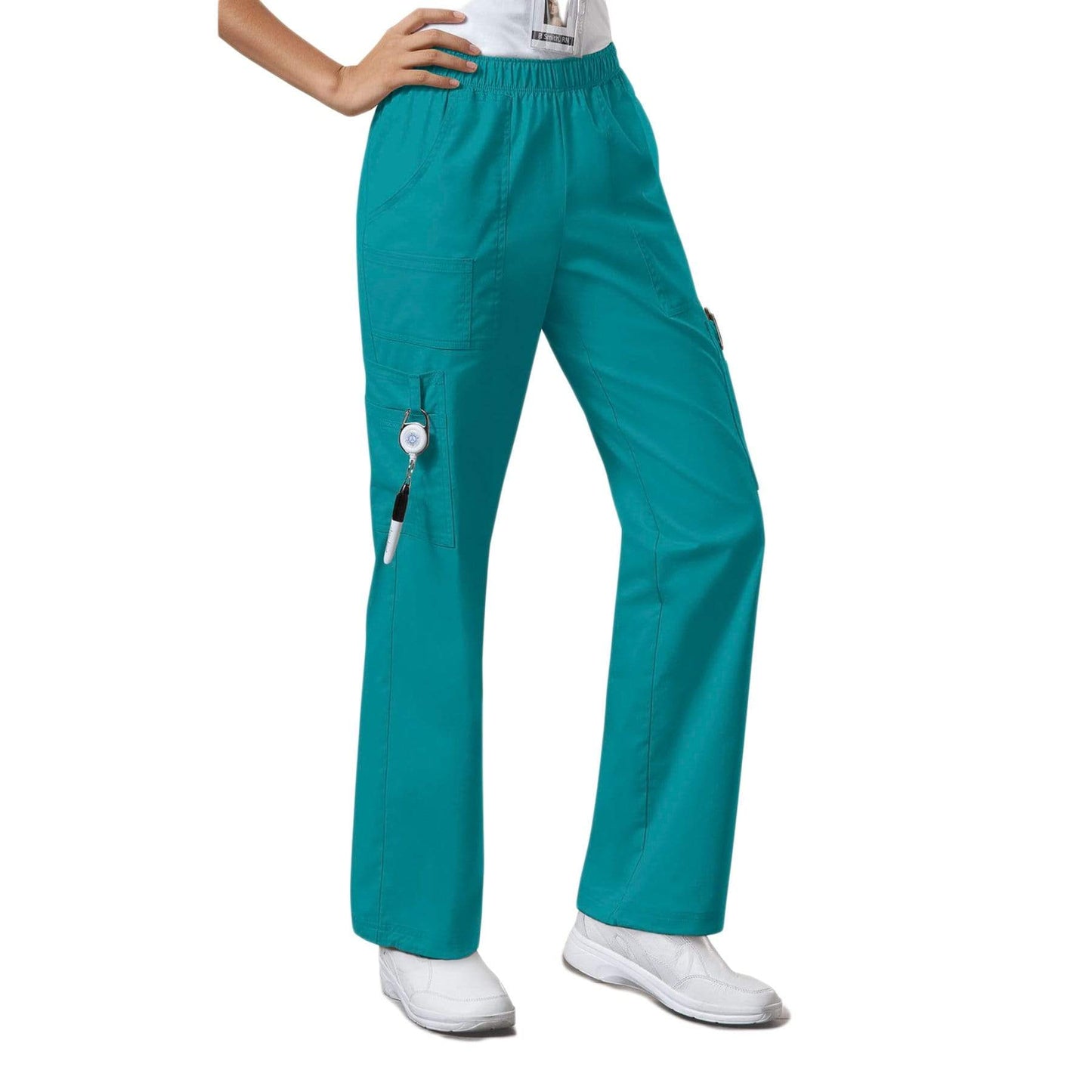 Cherokee Scrubs Pants Cherokee Workwear Core Stretch 4005 Scrubs Pants Womens Mid Rise Pull-On Cargo Teal Blue