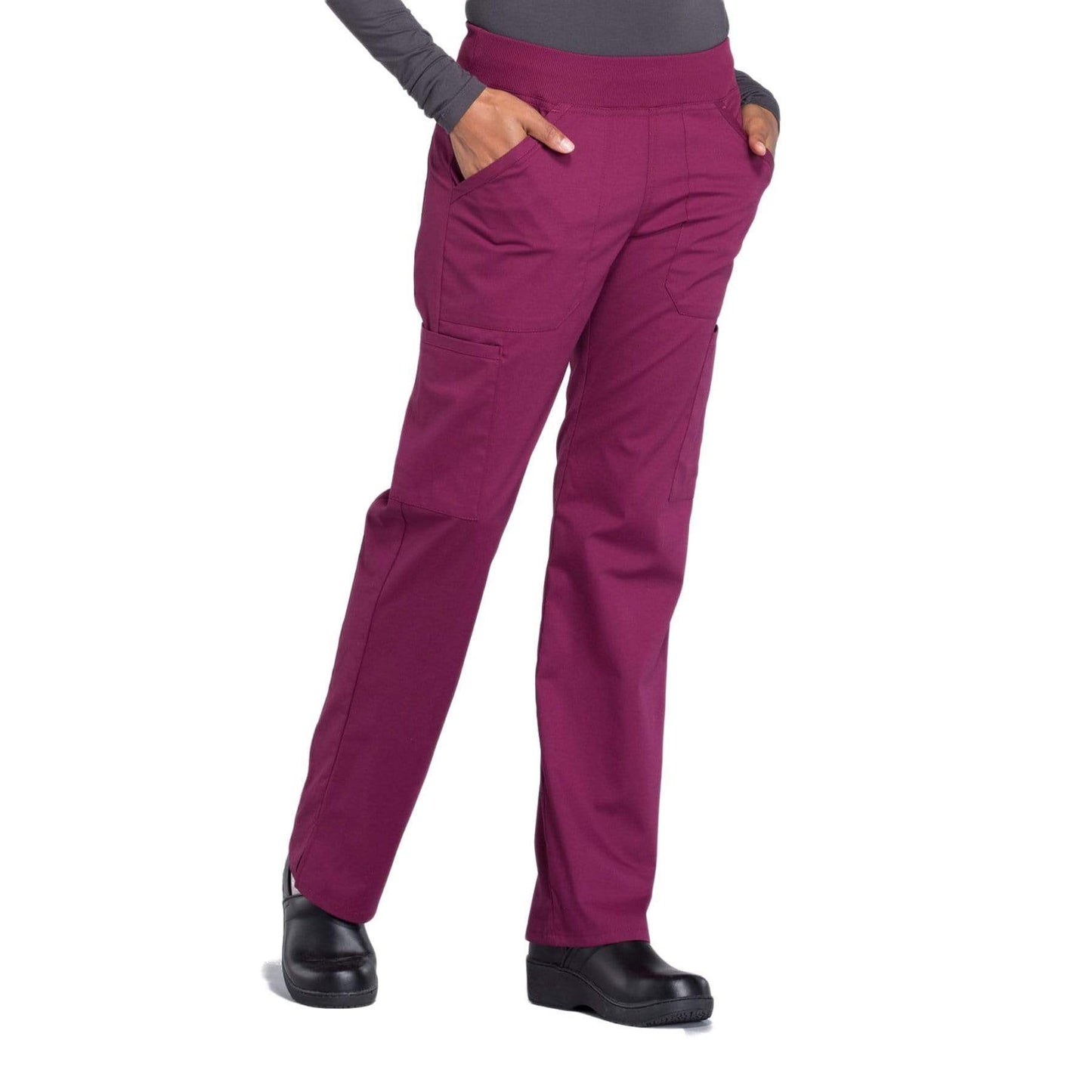 Cherokee Scrubs Pants Cherokee Workwear Professionals WW170 Scrubs Pants Womens Mid Rise Straight Leg Pull-on Cargo Wine