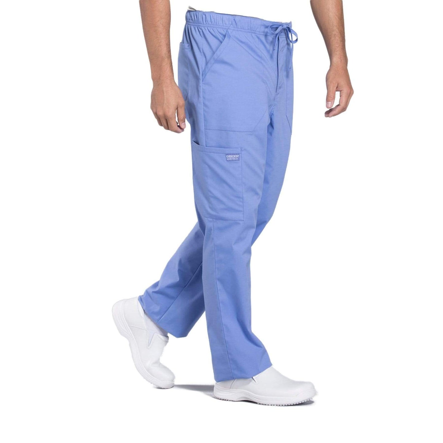 Cherokee Scrubs Pants Cherokee Workwear Professionals WW190 Scrubs Pants Mens Tapered Leg Drawstring Cargo Ceil Blue