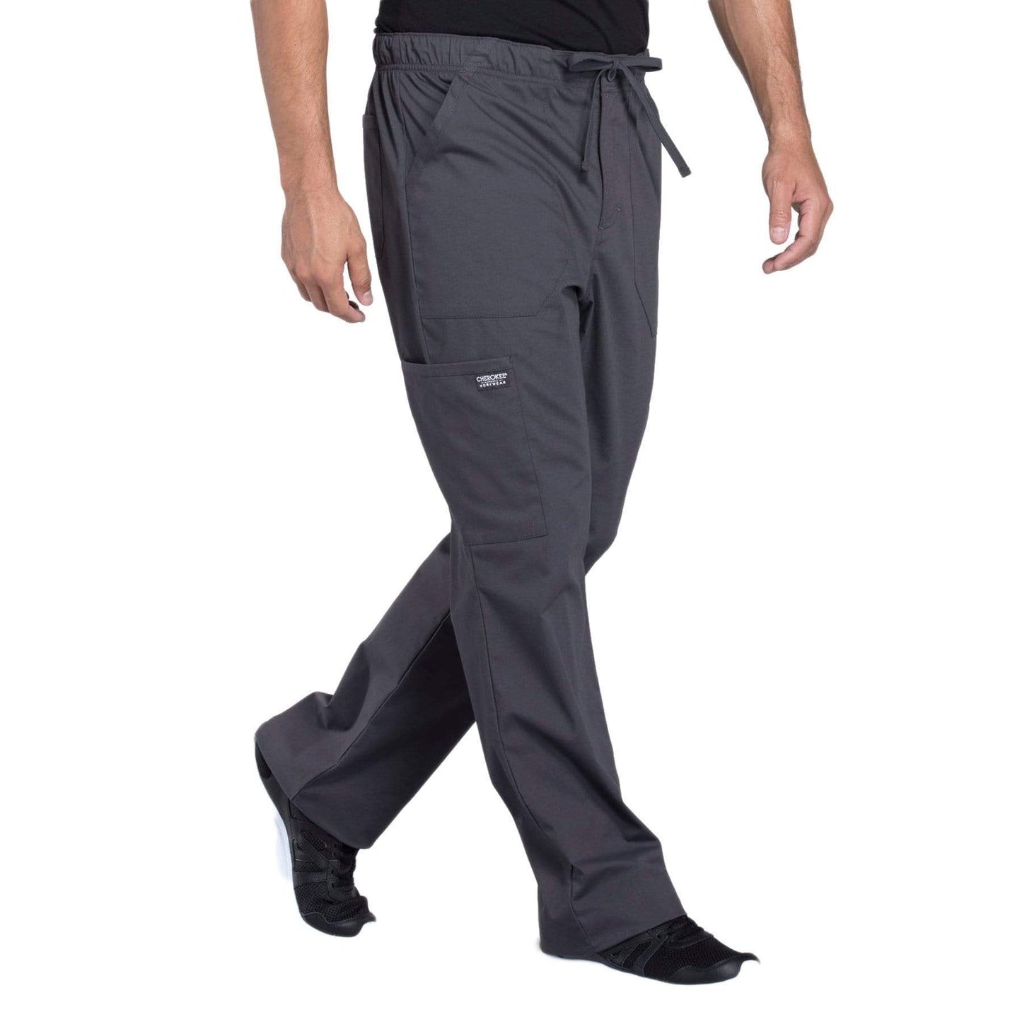 Cherokee Scrubs Pants Cherokee Workwear Professionals WW190 Scrubs Pants Mens Tapered Leg Drawstring Cargo Pewter